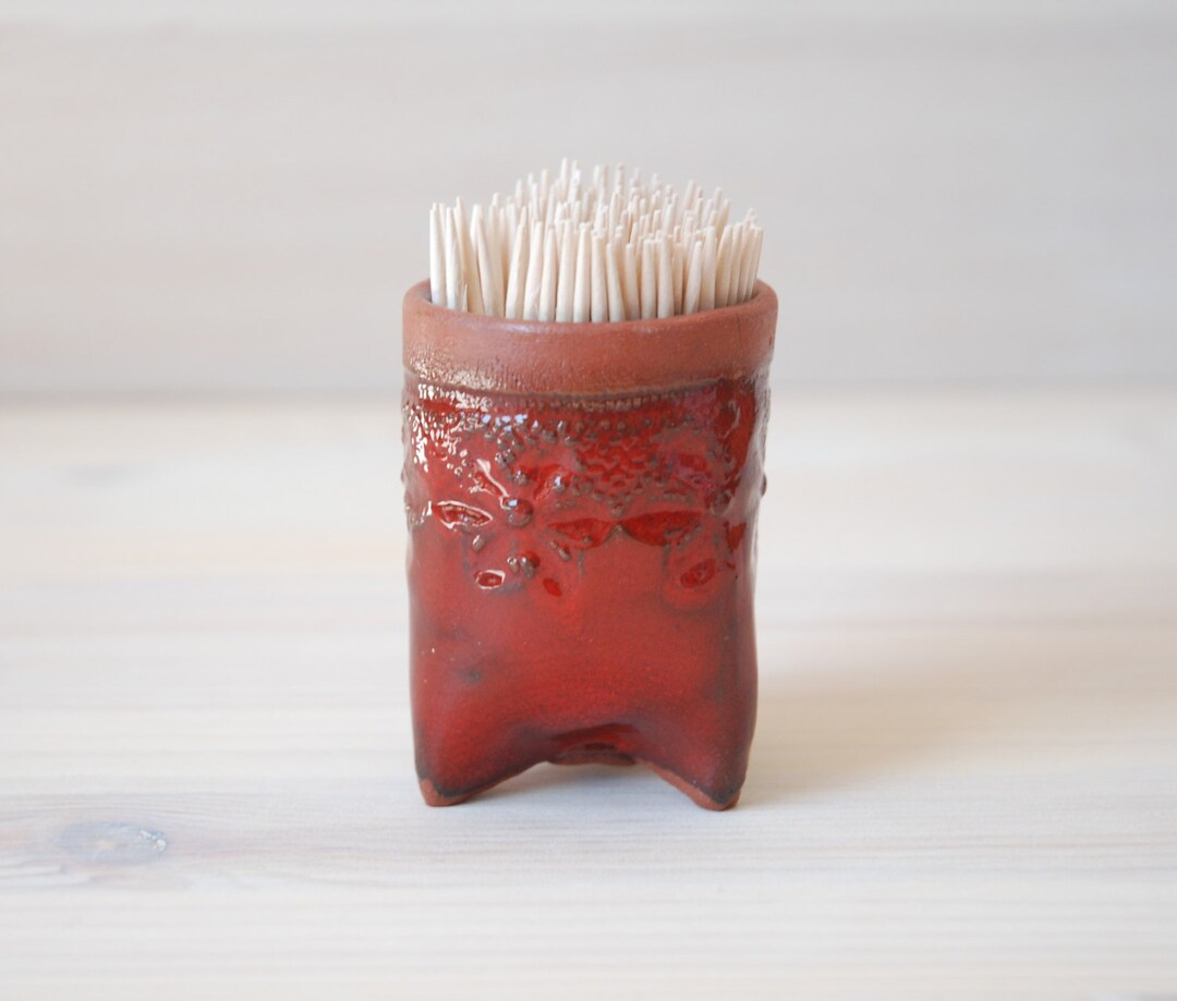 Bathroom Storage, Qtip Holder, Small Ceramic Container, Toothpick Holder, Red Container
