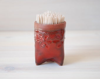 Bathroom storage, Q-tip holder, Small ceramic container, Toothpick Holder, red container, bathroom decor, Kitchen accessories