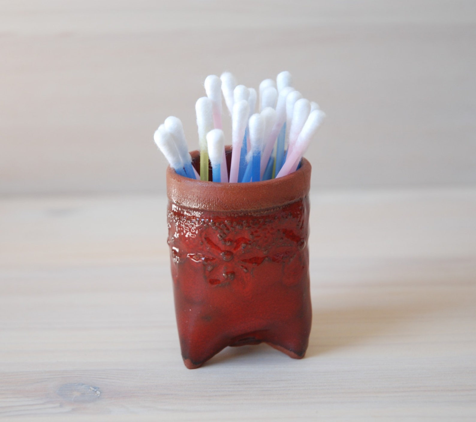 Bathroom Storage, Qtip Holder, Small Ceramic Container, Toothpick Holder, Red Container