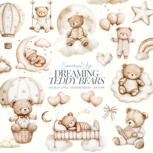 Ours en peluche aquarelle | Clipart neutre baby shower | Clipart chambre d'enfant beige | Ours endormis | Non sexiste | Ours brun | 45 PNG