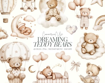 Watercolor Teddy Bear Clipart | Neutral Baby Shower Clipart | Beige Nursery Clipart | Sleeping Bears | Gender Neutral | Brown Bear | 45 PNG