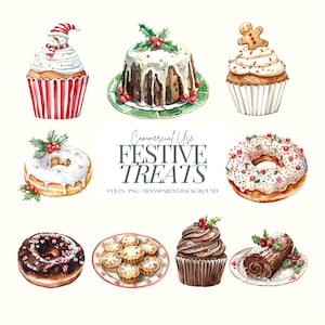 Clipart z ciastami świątecznymi | Smakołyki świąteczne PNG | Akwarela ze smakołykami świątecznymi | Pudding świąteczny | Jedzenie świąteczne | Ciasta świąteczne | 9 PNG