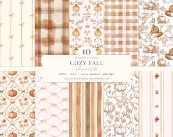 Patrón sin costuras de otoño / Papel digital acogedor de otoño / Fondo de calabaza / Otoño cottagecore / Toile de Juoy de otoño / Sin costuras / 10 JPEG / PNG