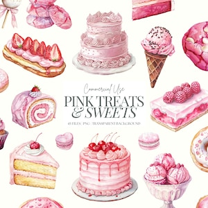 Pasteles rosas Clipart / Cupcakes PNG / Golosinas de acuarela / Horneado rosa / Helado / Donuts / Macarons / Valentines Clipart / Paquete / 45 PNG