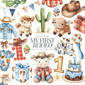 Mon premier anniversaire de rodéo | Clipart cow-boy | Fête prénatale occidentale | Bottes de cow-boy | Anniversaire du Far West PNG | Vêtements pour bébés occidentaux | 31 PNG