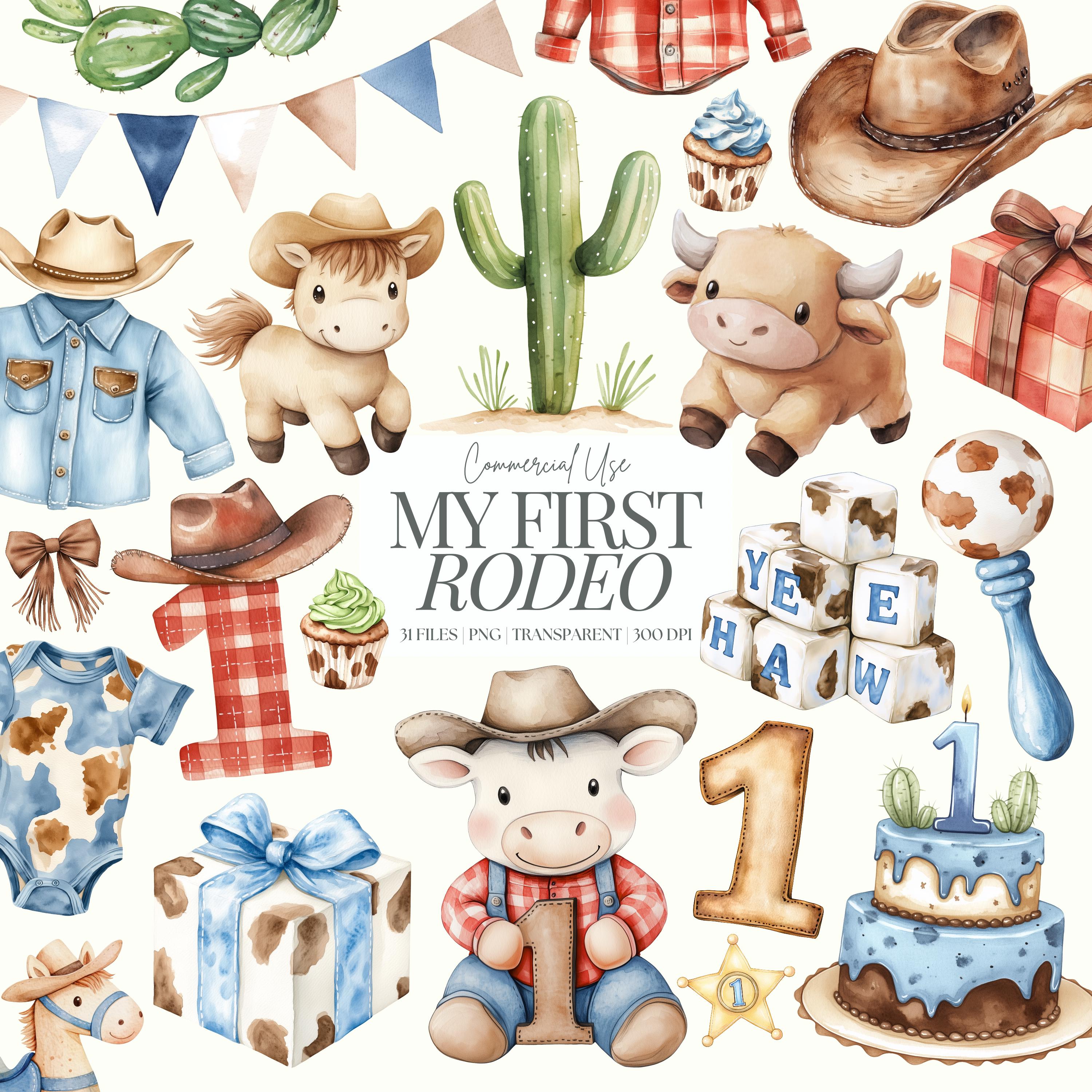 Il mio primo compleanno da rodeo / Clipart da cowboy / Baby shower western / Stivali da cowboy / Compleanno del selvaggio West in formato PNG / Vestiti per neonati in stile western / 31 PNG