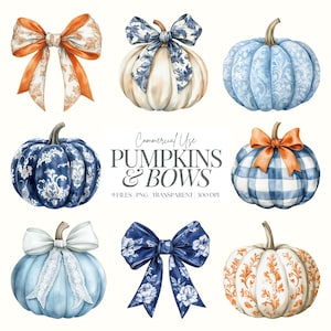 Clipart aquarel pompoenen en strikken | Kokerpompoenen | Blauwe toiletpompoenen | Gingham-pompoenen | Herfst, png-bestand | Blauwe pompoenen clipart | 9 png