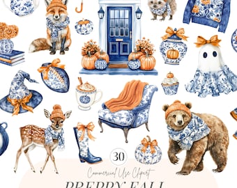 Preppy Fall Clipart | Chinoiserie Fall | Thanksgiving Clipart | Grandmillenial Autumn| Toile Fall | Pumpkins and Bows | Blue | 30 PNG