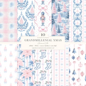 Motif de Noël grand-millénaire | Papier numérique de Noël Coquette | Preppy|  bleu et rose | Casse-noisette | Sans couture | 10 JPEG | PNG