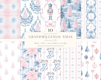 Grandmillenial Christmas Pattern | Coquette Christmas Digital Paper | Preppy|  Blue And Pink | Nutcracker | Seamless | 10 JPEG | PNG