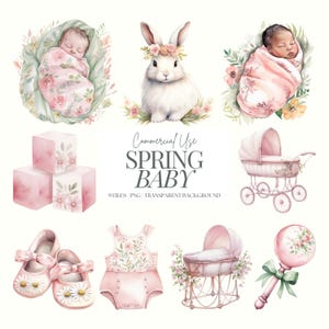 Neue Baby Clipart | Aquarell Frühlingsbaby | Rosa Neugeborenes PNG | Gender Reveal Clipart Bundle | Blumen | Osterbaby | Hase | 9 PNG