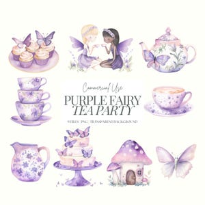 Clipart de té de la tarde de hadas / Tetera / Mariposa / Paquete de imágenes prediseñadas de cumpleaños de hadas púrpuras / Acuarela / Té lila / Taza de té / Magia / 9 PNG