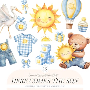 Aquí viene el hijo Clipart / Baby Shower de niño PNG / Baby Shower de sol PNG / Primer viaje alrededor del sol Clipart / Sol lindo / 13 PNG