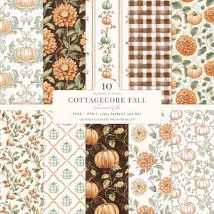 Modèle sans couture d'automne | Papier numérique Dahlias | Fond de citrouille | Cottagecore Automne | Toile de juoy d'automne | Sans couture | 10 JPEG | PNG