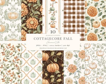 Patrón sin costuras de otoño / Papel digital de dalias / Fondo de calabaza / Otoño cottagecore / Toile de Juoy otoñal / Sin costuras / 10 JPEG / PNG