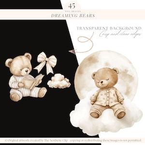 Clipart de oso de peluche en acuarela / Clipart de baby shower neutro / Clipart de guardería beige / Osos durmientes / Género neutro / Oso marrón / 45 PNG imagen 4