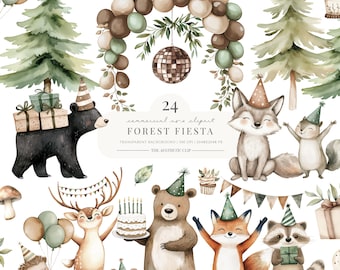 Clipart de bosque bohemio / Animales del bosque / Baby shower de bosque / Clipart de cumpleaños infantil / Animales de fiesta / 24 PNG