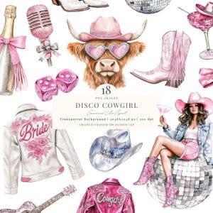 Clipart de vaquera / Vaquera disco PNG / Despedida de soltera vaquera / Western PNG / Último rodeo / Diseño de Howdy / Vaca de las Tierras Altas / Vaquera rosa / 18 PNG
