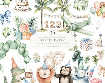 Safari Birthday Clipart | Jungle Watercolour | Wild Baby Shower | Children's Clipart | 36 PNG