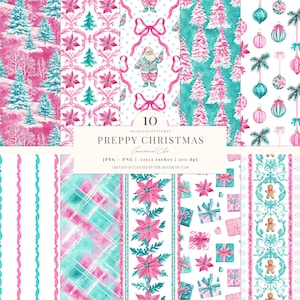 Preppy Christmas Pattern | Coquette Christmas Digital Paper | Grandmillenial | Turquoise And Pink | Santa | Seamless | 10 JPEG | PNG