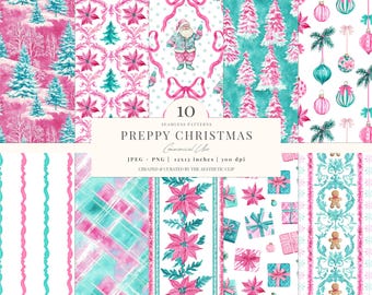 Preppy Christmas Pattern | Coquette Christmas Digital Paper | Grandmillenial | Turquoise And Pink | Santa | Seamless | 10 JPEG | PNG