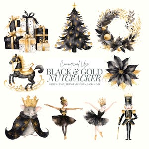 Clipart de Natal do Quebra-Nozes | Aquarela de Natal PNG | Natal Preto e Dourado | Pacote de Quebra-Nozes | Árvore de Natal | Bailarina | Rei Rato