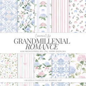 Papel digital floral / Estampado grandmillenial / Hortensia / Rosas / Papel sin costuras / Cottagecore / Pastel / Lazos / Álbum de recortes / 10 JPEG / PNG
