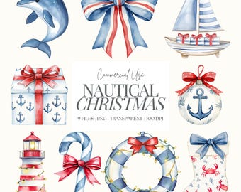 Coastal Christmas Clipart | Ocean Christmas PNG | Beach Christmas PNG | Nautical Clipart | Watercolor Beach Xmas | Xmas In July | 9 PNG