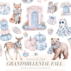 Op de afbeelding: Waterverfillustraties met een herfstthema. De afbeelding toont pompoenen, dieren zoals een vos, hert en beer, en een spook, allemaal versierd met bloempatronen. De tekst "GRANDMILLENIAL FALL" is ook aanwezig.