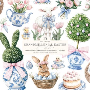 Pasen-clipart | Grandmillenial Pasen PNG | Toile Pasen | Chinoiserie, png-bestand | Cottagecore lente-clipart | Coquette Pasen | 15 png afbeelding 1