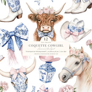 Coquette Cowgirl Clipart | Coquette Western PNG | Cowgirl grand-millénaire PNG | Bonjour la conception | Cowgirl en toile | Vache Highland | 12 PNG