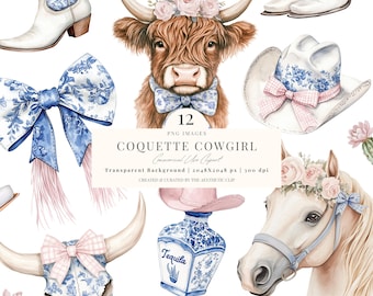 Coquette Cowgirl Clipart | Coquette Western PNG | Cowgirl grand-millénaire PNG | Bonjour la conception | Cowgirl en toile | Vache Highland | 12 PNG