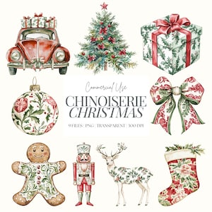 Chinoiserie Weihnachten Clipart | Toile De Juoy | Grandmillenial Weihnachten PNG | Traditionelle Weihnachten | Jahrgang | Aquarell | 9 PNG