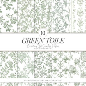 Green Toile Digital Paper | Green Floral Pattern | French Toile De Juoy | Seamless | Digital Download | Scrapbook | 10 JPEG | PNG