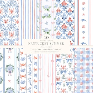 Digitaal kustpapier | Grandmillennial-patroon | Koketvisser | Kreeften | Naadloos | Kustoma | Plakboek | 10 JPEG | png