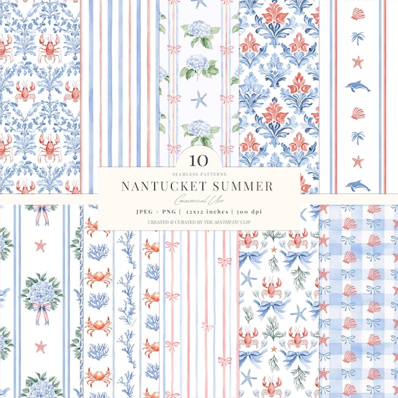 Coastal Digital Paper | Grandmillenial Pattern | Coquette Fisherman | Lobsters | Seamless | Coastal Grandma | Scrapbook | 10 JPEG | PNG