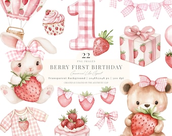 Premier anniversaire de la baie | Transparent png | Clipart fraise | Baby Shower png | Fraises | Fille aux fraises | 22 PNG