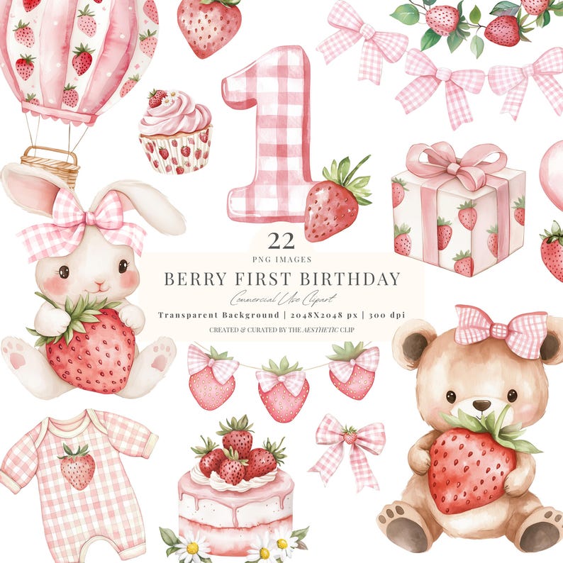 Primo compleanno di bacche / PNG trasparente / Clipart di fragole / Baby shower dolce con bacche Png / Fragole / Ragazza fragola / 22 PNG immagine 1