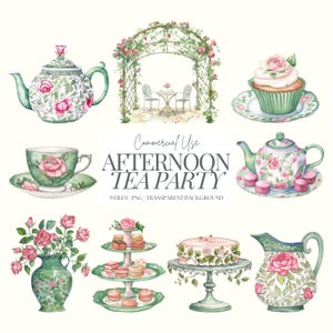 Clipart floreale per il tè pomeridiano / 9 PNG / Teiera PNG / Tè verde alto / Pacchetto clipart per addio al nubilato / Acquerello / Torta / Tè alla rosa / Tazze da tè
