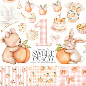 Clipart baby shower pêche | PNG transparents | Clipart pêche | Pêche douce | Pêches | Premier anniversaire PNG | Vichy bébé | 20 PNG