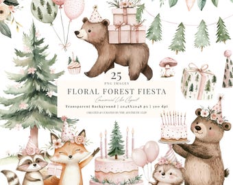 Rosa Wald Clipart | Wald Geburtstag Clipart | Waldtiere rosa | Wald-Babyparty | Mädchen Geburtstag Clipart | 25 PNG
