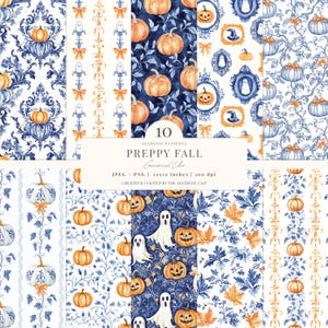 Patrón sin costuras de otoño / Papel digital de Halloween preppy / Fondo de calabaza / Patrón de otoño / Toile de Juoy otoñal / Fantasma / 10 JPEG / PNG