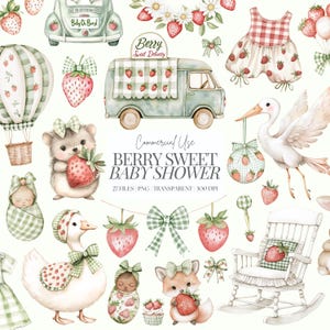 Livraison de petits fruits sucrés | Baby Shower aux fraises | Clipart fraise | Silly Goose | Premier anniversaire de la baie | Pépinière de fraises | 27 PNG
