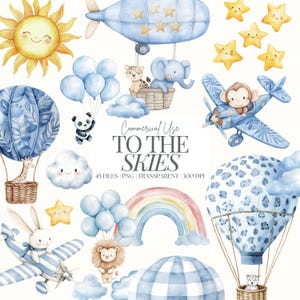 Clipart per la cameretta dei bambini blu / Clipart per neonati ad acquerello / Clipart per baby shower blu / Aereo blu / PNG per neonati / Clipart per mongolfiere / 45 PNG