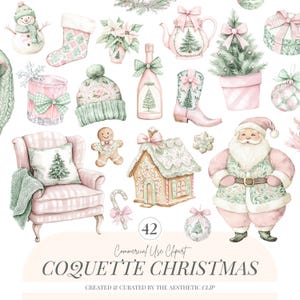 May include: Watercolor illustrations of Christmas-themed items in soft pink and green hues. The image includes a snowman, stocking, poinsettias, teapot, Christmas tree, hat, champagne bottle, cowboy boot, armchair, gingerbread man, gingerbread house, Santa Claus, and other ornaments. The text says "Coquette Christmas".
