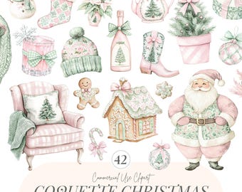 Coquette Christmas Clipart | Preppy Xmas | Rococo Holiday | Grandmillenial | Pink And Mint | Presents | Gingerbread | Nutcracker | 42 PNG