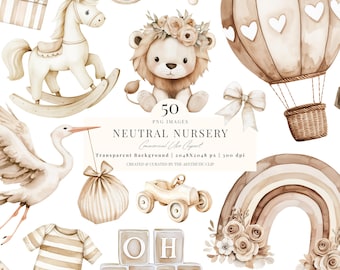 Watercolor Neutral Baby Clipart | Boho Baby Shower Clipart | Beige Nursery Clipart | New Born | Gender Neutral | Nursery PNG | 50 PNG