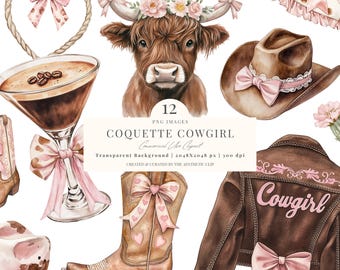 Coquette Cowgirl Clipart | Coquette Western PNG | Cowgirl Bow | Howdy Design | Highland Cow | Pink Cowgirl PNG | Pink Bow | 12 PNG