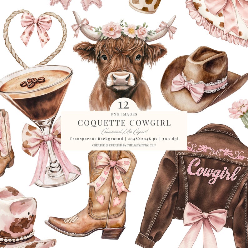 Coquette Cowgirl Clipart | Coquette Western PNG | Bow-girl | Bonjour la conception | Vache Highland | Rose Cowgirl PNG | noeud rose | 12 PNG image 1