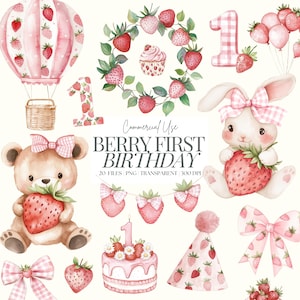 Beere Erster Geburtstag | Transparentes Png | Erdbeeren Clipart | Beere süße Babyparty Png | Erdbeeren | Erdbeer Mädchen | 20 PNG